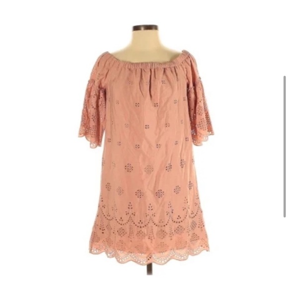 Madewell Eyelet Off-the-Shoulder Dress Dusty Rose Pink Lace Scalloped Size 0 - Picture 4 of 6